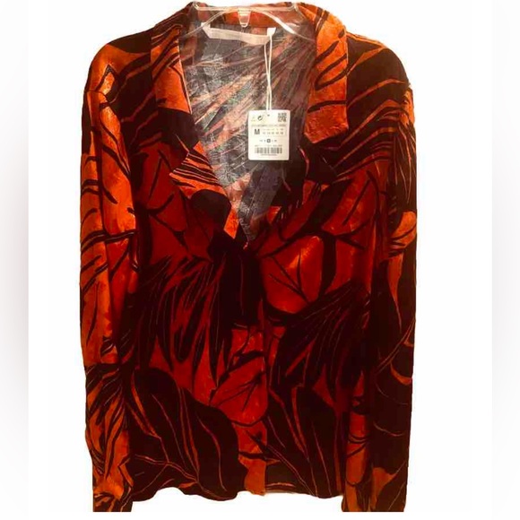 Zara TRF Tropical Leaf Print Blouse Size Medium- NWT - Picture 1 of 5